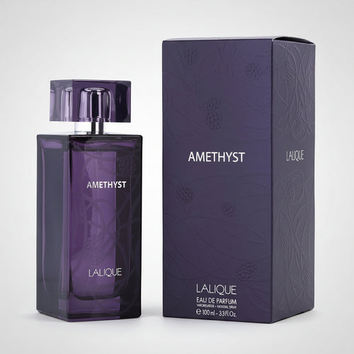 Lalique Amethyst perfume bottle and packaging on a white background