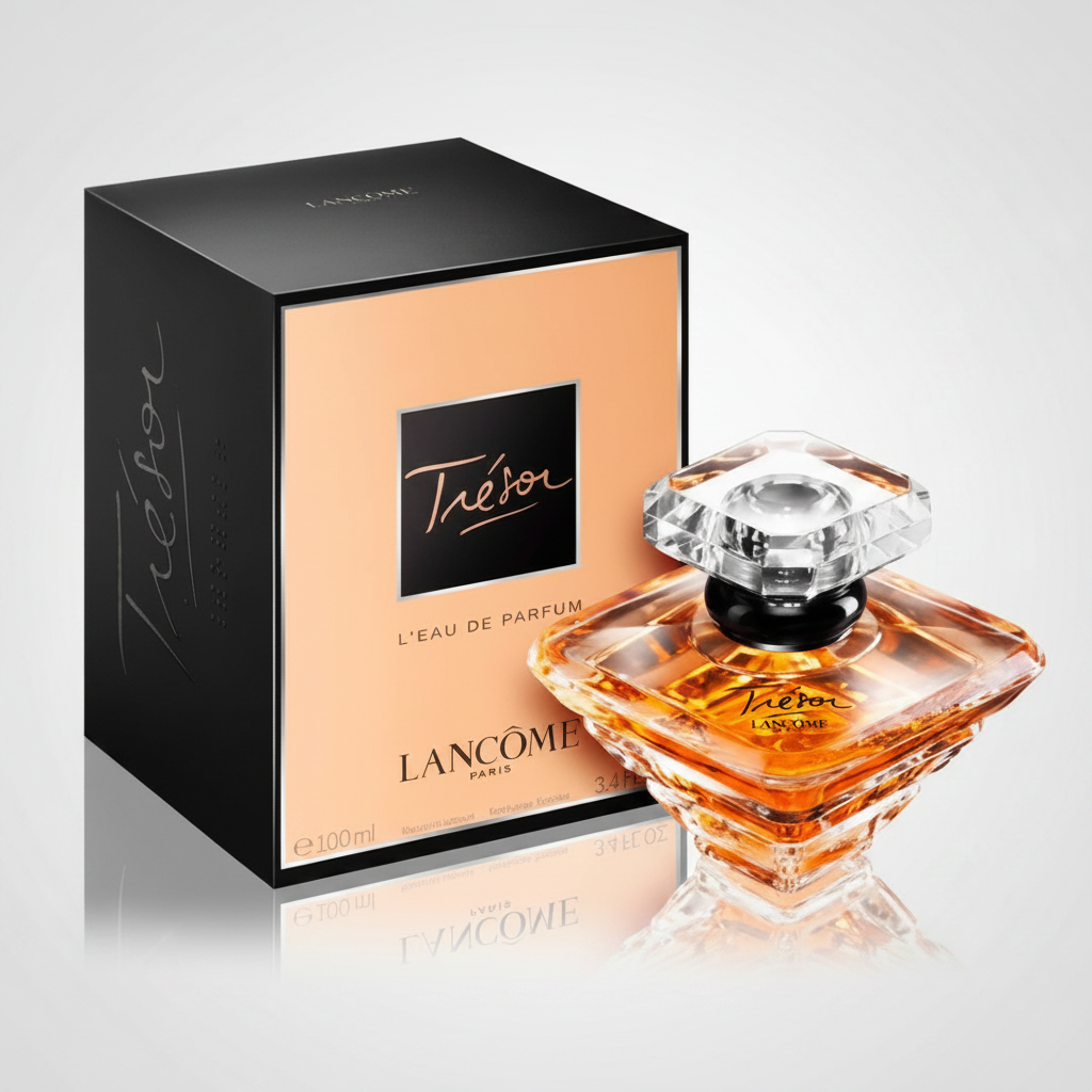 Lancome Tresor perfume bottle and packaging on a white background