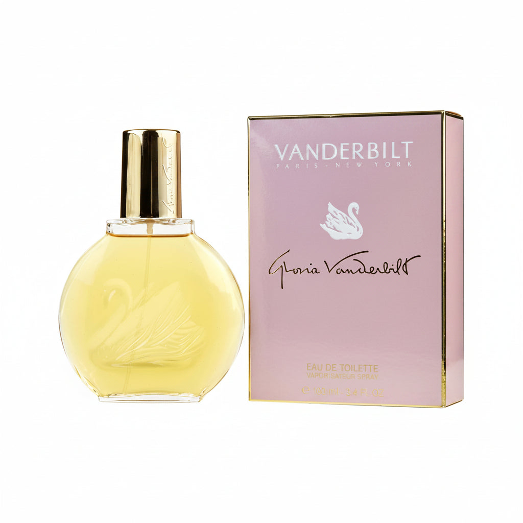 Vanderbilt perfume bottle and packaging with a swan logo on a pink background
